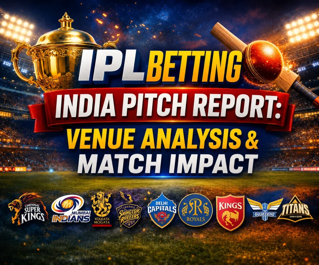 IPL Betting India Pitch Report featuring stadium analysis, pitch conditions, toss impact, average scores, and IPL betting insights by venue.