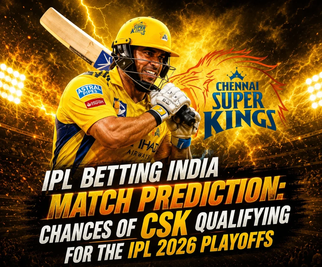 IPL Betting India Match Prediction analysis showing CSK playoff chances, qualification scenarios, remaining matches, and IPL 2026 points table insights