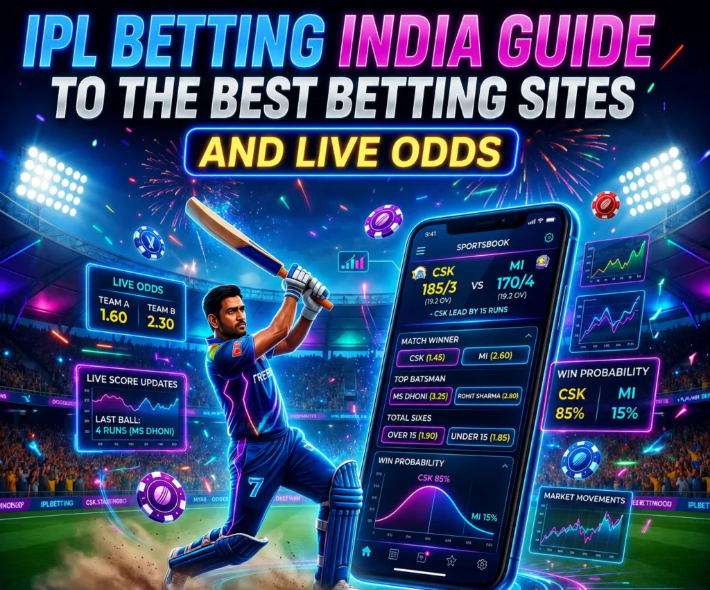 IPL Betting India guide showing live cricket betting odds, IPL betting sites, mobile betting access, and real-time match betting markets.