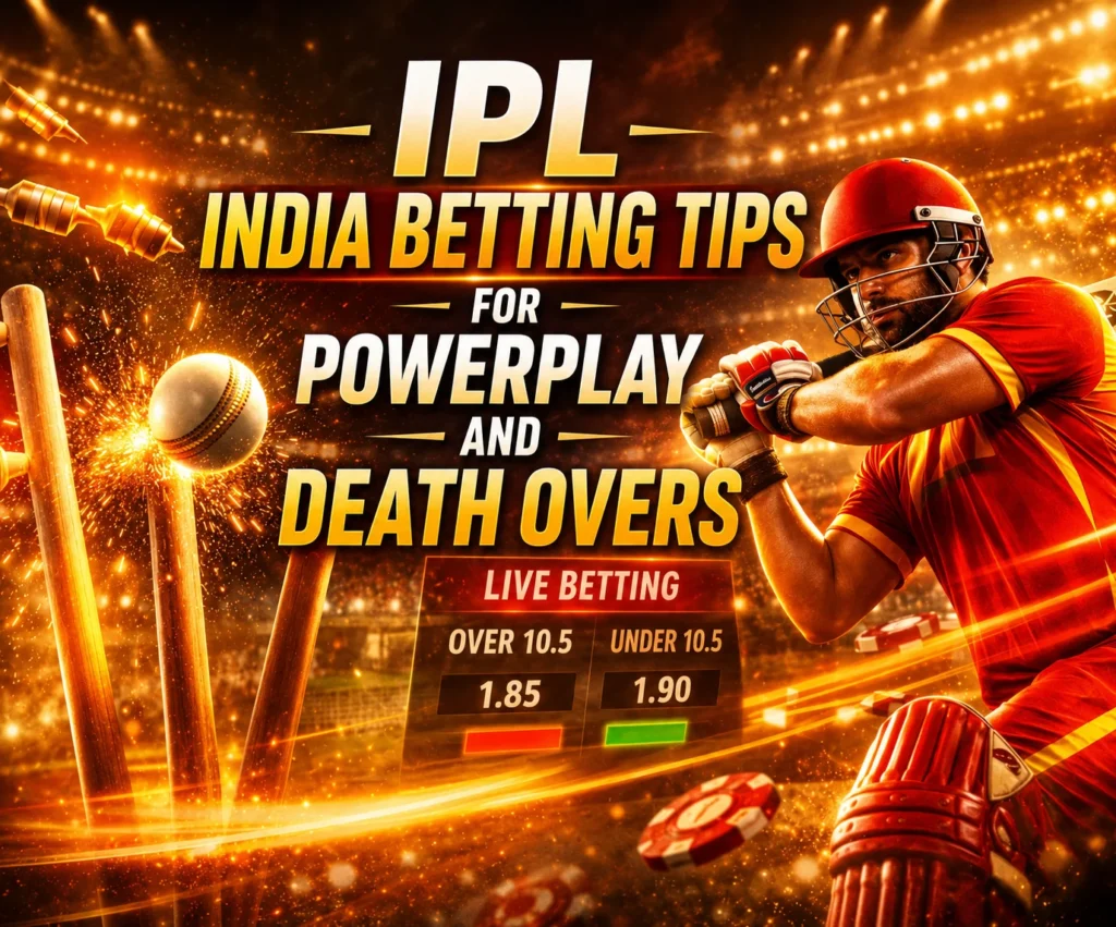 Dynamic IPL cricket betting promotional banner featuring a batsman in red gear, glowing stadium lights, cricket stumps and ball action, with the text “IPL India Betting Tips for Powerplay and Death Overs” in bold golden typography.
