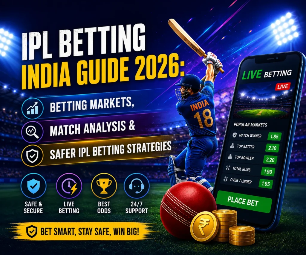 IPL Betting India guide 2026 featuring IPL match analysis, betting markets, live odds, cricket betting strategies, and safer betting insights