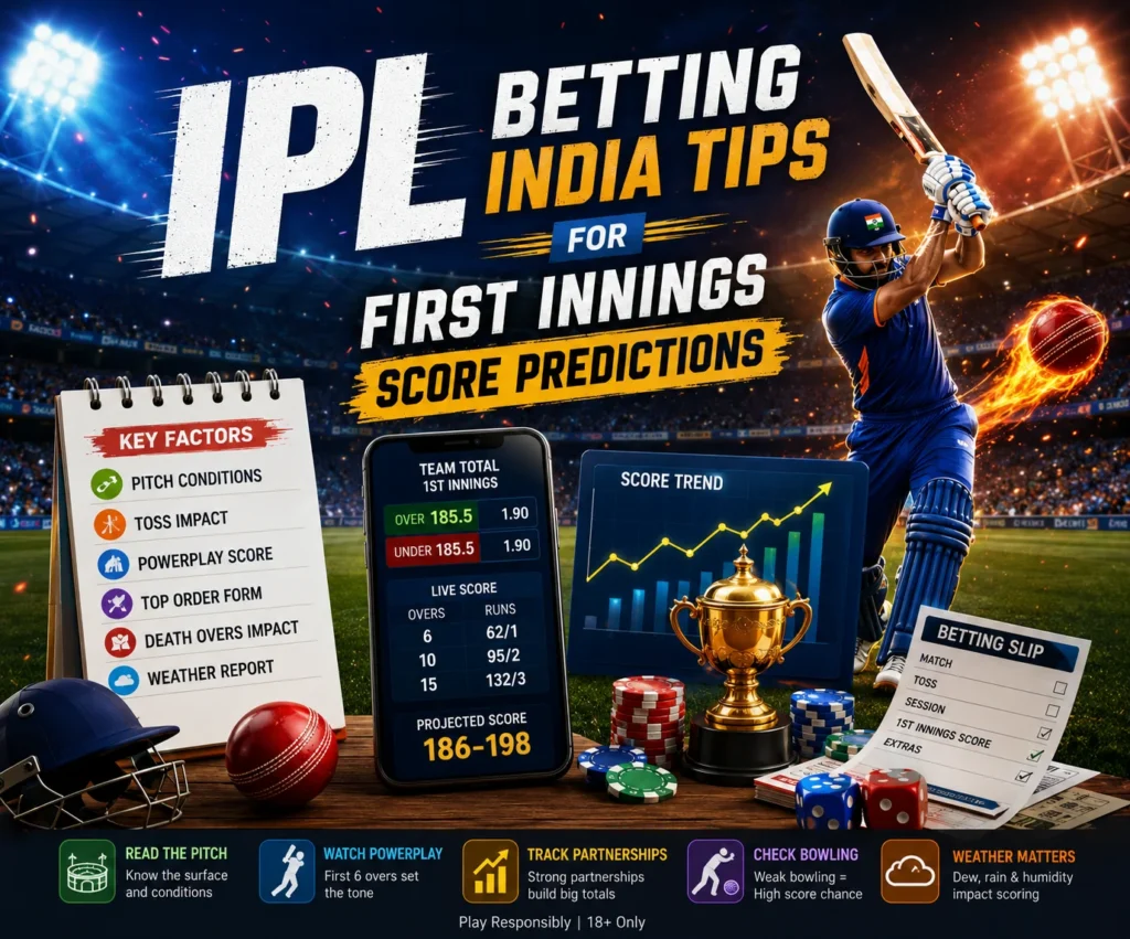 IPL score prediction betting tips for first innings totals showing live cricket score analysis, pitch conditions, and betting market trends.