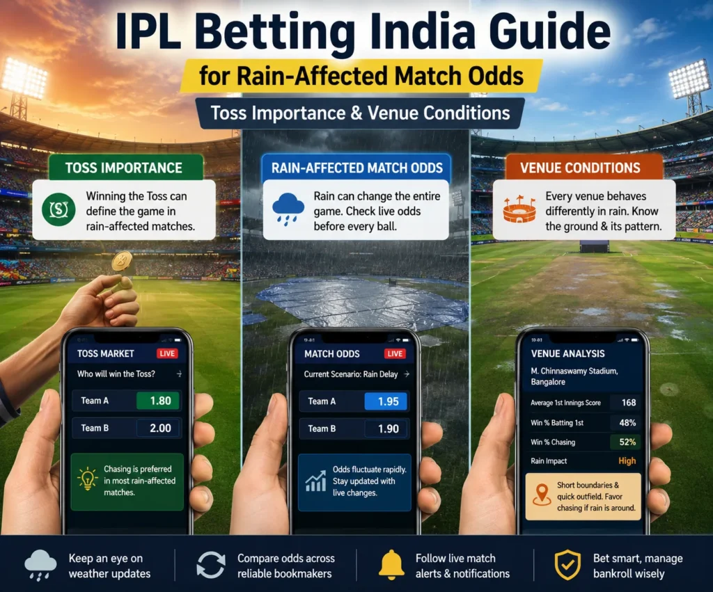 IPL betting odds guide showing rain-affected cricket match analysis, toss importance, venue conditions, and live betting insights.
