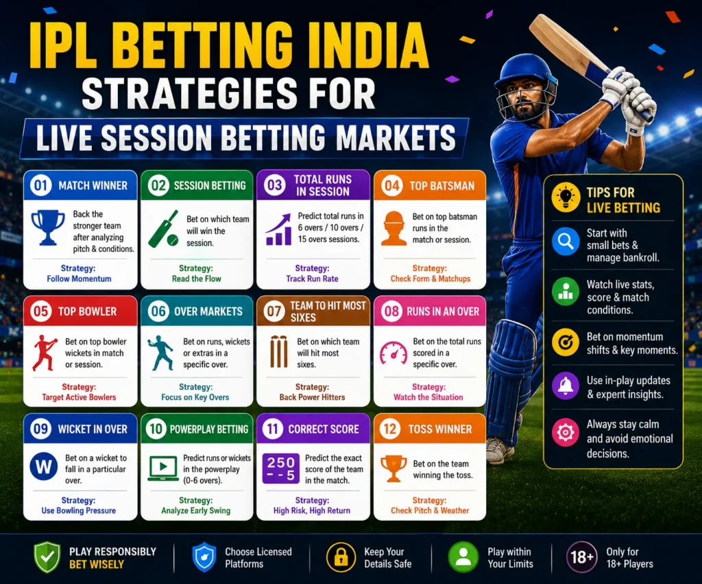 IPL Betting India live session betting infographic with cricket strategy tips, betting markets, and live match insights.