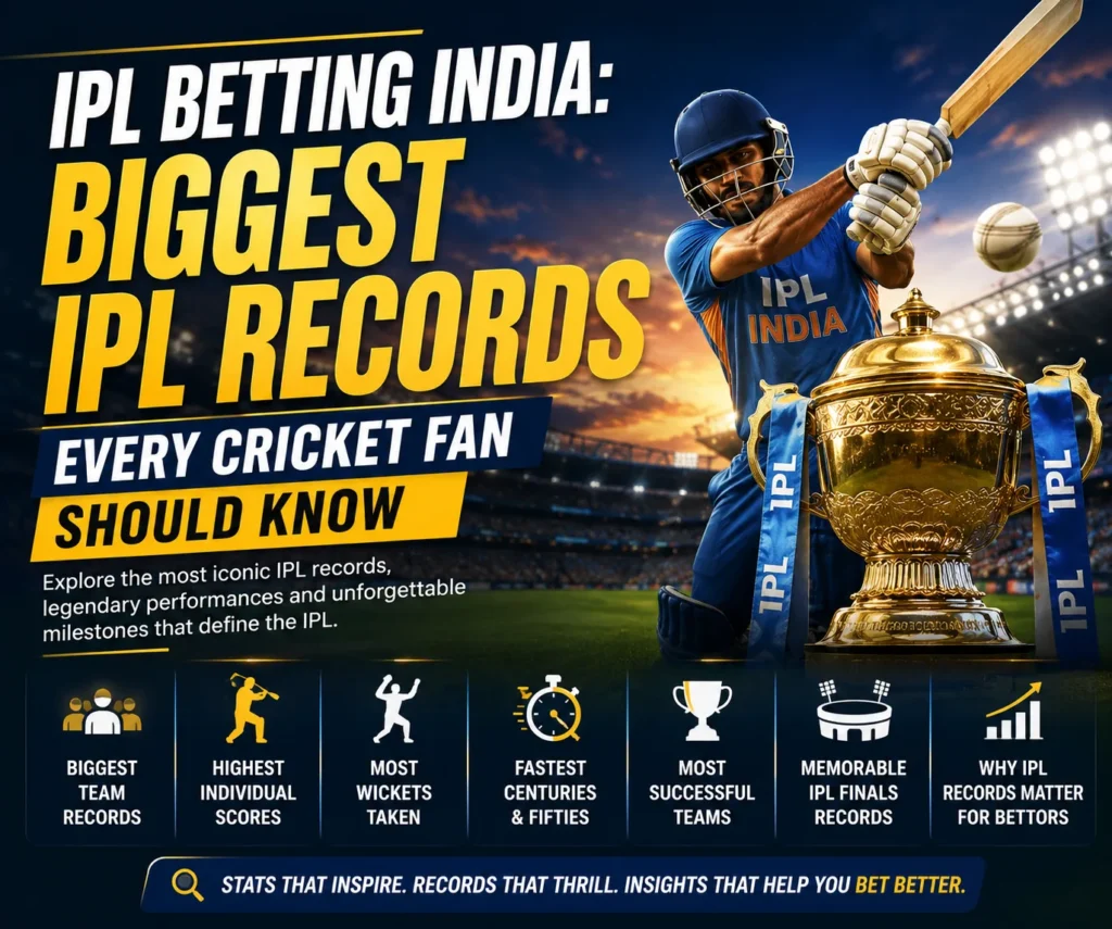 IPL Betting India IPL Records showcasing the biggest team achievements, batting records, and bowling milestones in IPL history.