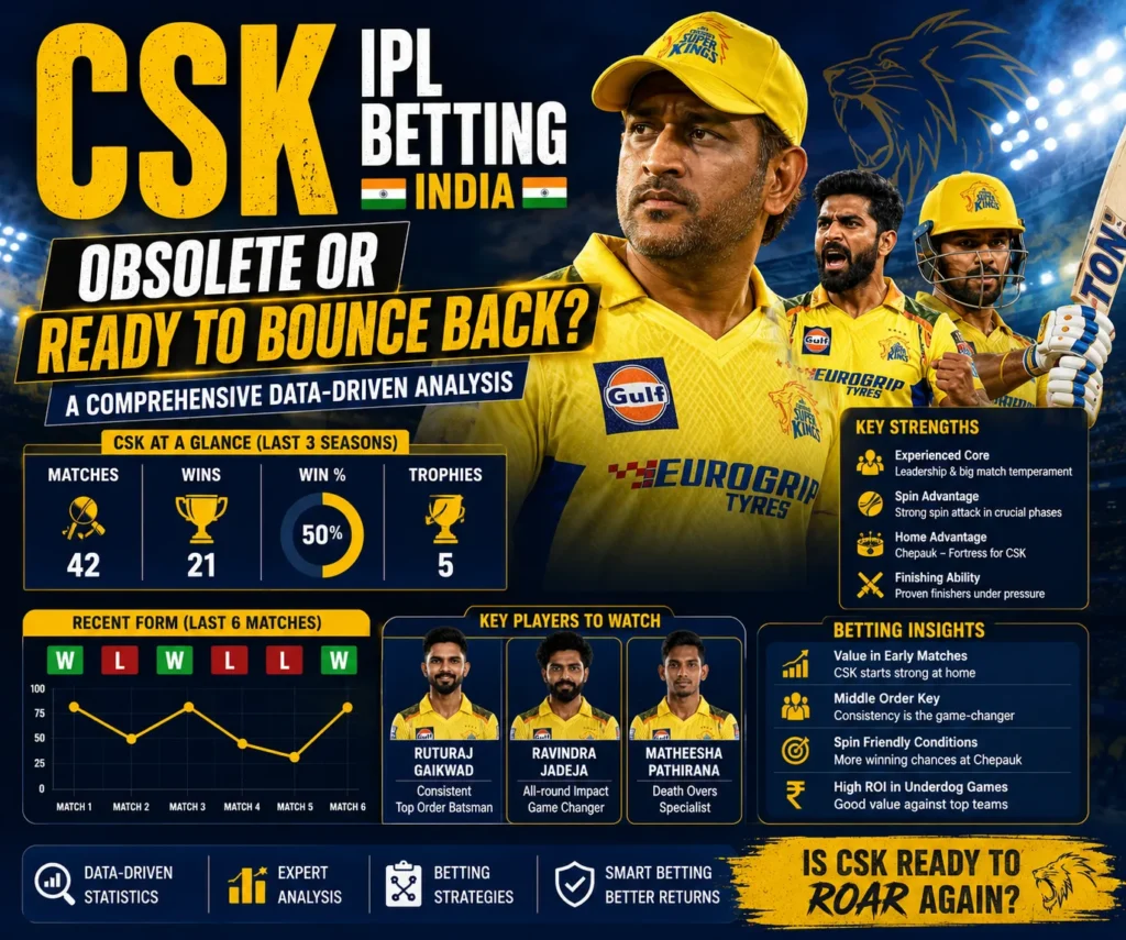CSK IPL Betting 2026 analysis featuring Chennai Super Kings squad, performance insights, and comeback predictions