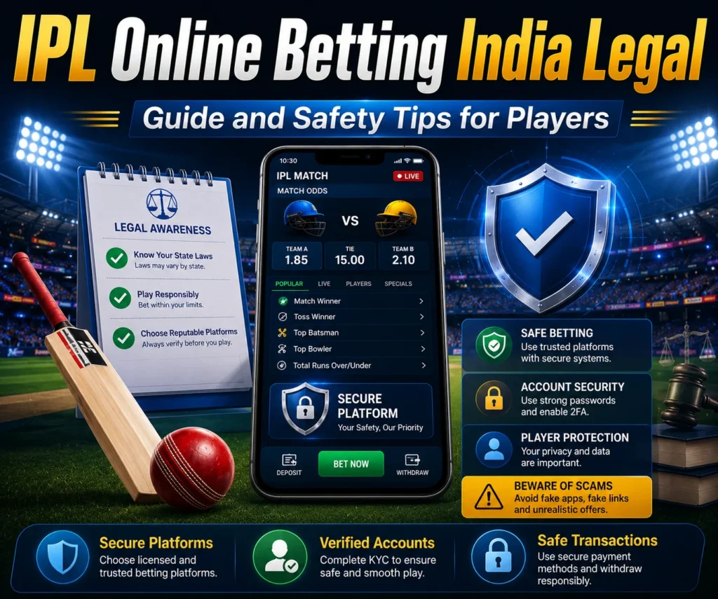 IPL Online Betting India Legal guide showing secure mobile betting, legal awareness, safety checks, and responsible betting practices