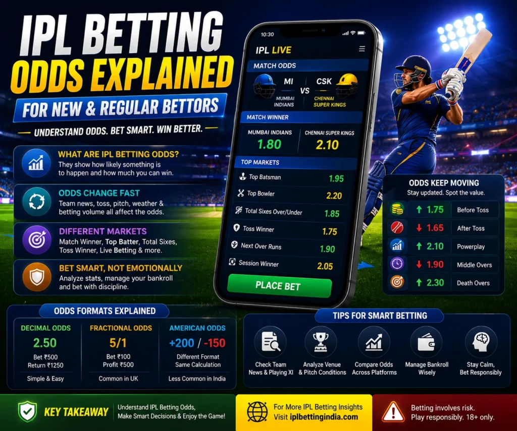 IPL Betting Odds displayed on a mobile betting app with live cricket match statistics and changing betting markets